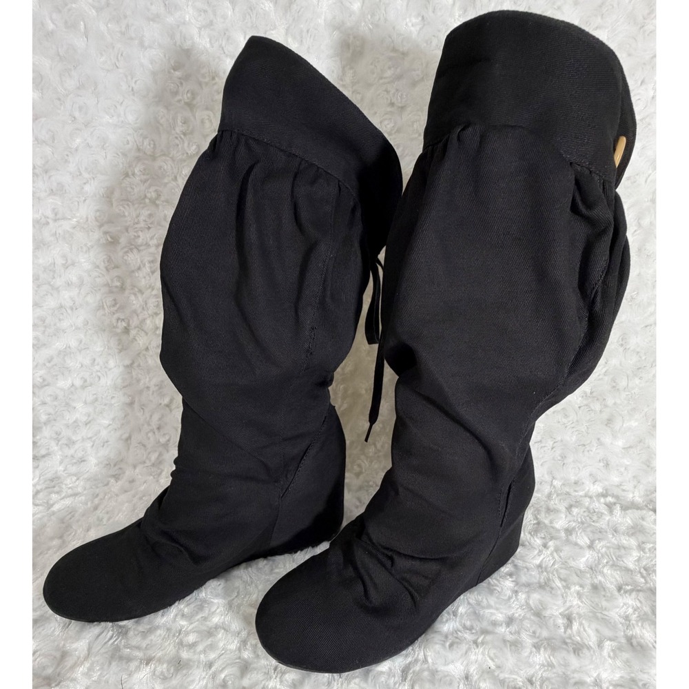 Vintage Y2K Aldo Women 8.5 Black Canvas Slouch Concealed Wedge Mid Calf Boots